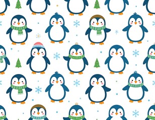 Cheerful repeating pattern of adorable penguins with festive winter accessories