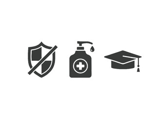 Iconic trio isolated on white background a shield with a prohibition symbol, a hand sanitizer bottle, and a graduation cap, all in stark black and white