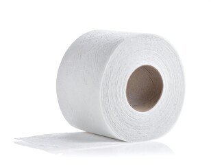 Close-up of a single roll of white, textured bathroom tissue