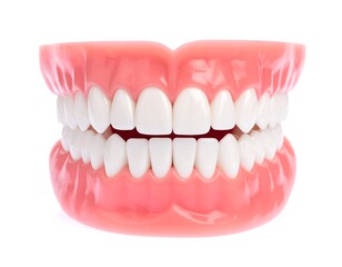Close-up of a full set of artificial teeth on a pink gum base