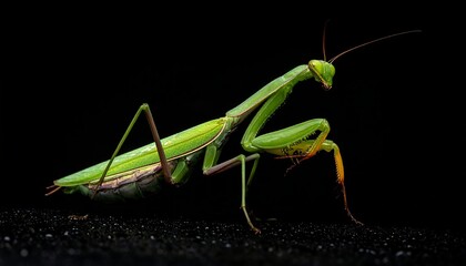 Close-up of a vibrant green praying mantis against a stark black backdrop