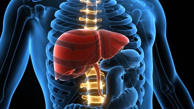 Anatomical Illustration of the Human Digestive System and Liver Showing Internal Organs with Medical Precision on a Black Background for Healthcare Education and Scientific Study