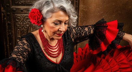 Flamenco Dancer's Grace: An elegant mature dancer adorned in vibrant red and black, embodies the passion and artistry of flamenco dance, captured in a moment of intense focus.