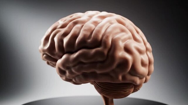 Anatomical Model of a Human Brain on a Rotating Platform in Studio Light Against a Dark Background Showing the Intricate Structure and Lobes for Medical or Educational Purposes