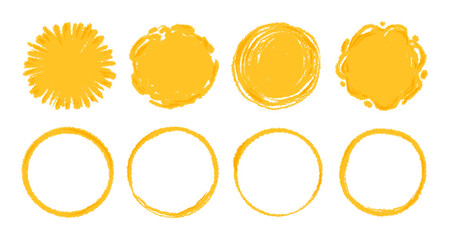 Round sun watercolor paint shape sets. Hand drawn rough yellow circle shape ink brush stroke grunge texture. Grunge circular rough brush badge background Japanese sun elements. Vector illustration