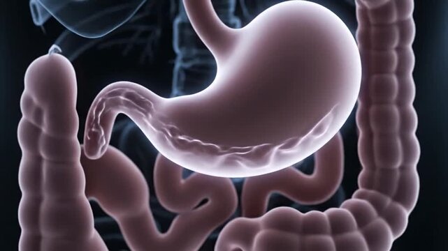 Anatomical Stomach and Intestine Visualization on Dark Background Depicting Human Digestive System Organ Function and Physiology for Medical and Educational Purposes