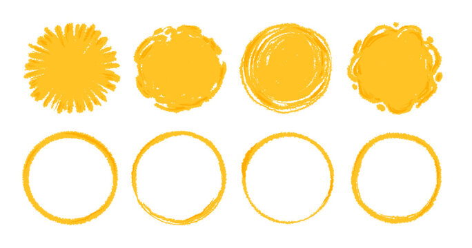 Round sun watercolor paint shape sets. Hand drawn rough yellow circle shape ink brush stroke grunge texture. Grunge circular rough brush badge background Japanese sun elements. Vector illustration