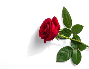 Close-up of vibrant red rose with green leaves on a white background