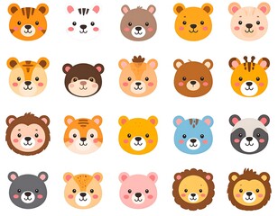 Fototapeta premium Cartoon collection of diverse, friendly animal faces with various expressions