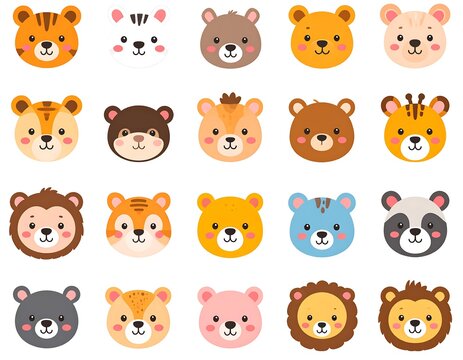 Cartoon collection of diverse, friendly animal faces with various expressions