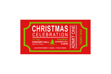 Christmas Concert Ticket Template Design – Festive Holiday Music Event Pass Layout for Party Invitation and Celebration Banner, Elegant Christmas Concert Ticket Vector