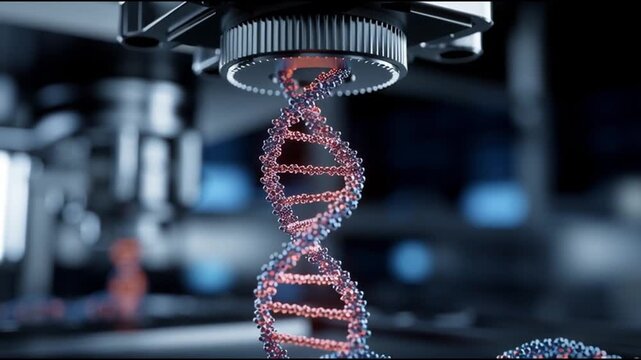 DNA Print. CRISPR innovation. AI bioengineering. Genetic engineering. Biotechnology medicine. A detailed digital rendering of a DNA helix structure.