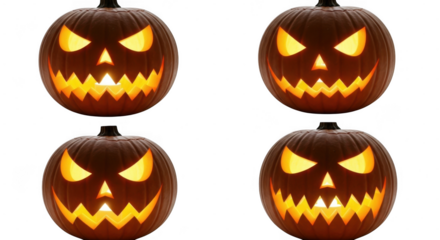 Four carved jackolanterns with scary faces isolated on transparent background