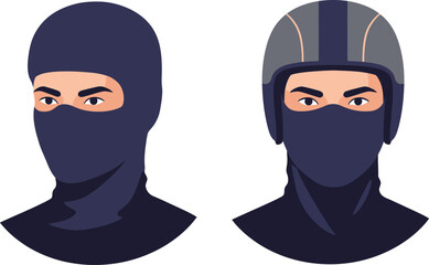 Two masked men depicted from the shoulders up one wearing a dark blue balaclava and the other a dark helmet and mask
