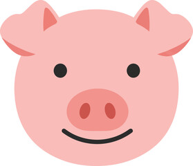 Cute cartoon pink pig face with big ears and a happy smile isolated on a clean white background for illustration