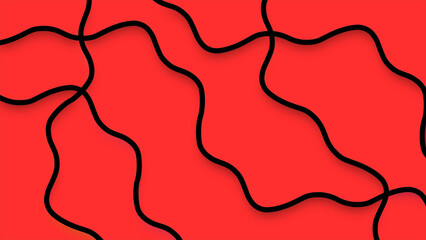 Seamless Abstract Wavy Black Line Pattern with 3D Shadow on Red Background
