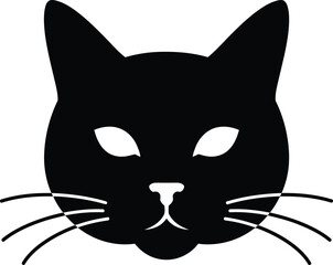 Simple black silhouette of a cat s head with bright white eyes and whiskers on a white background