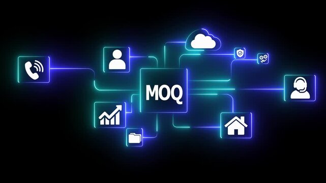 Glowing Neon Network Connecting MOQ Business Icons &ndash; Handshake, Phone, Graph, Analytics, Brain, Gears, Team, Hacker on Laptop for Digital Transformation Technology Concept (4K Video Animation)