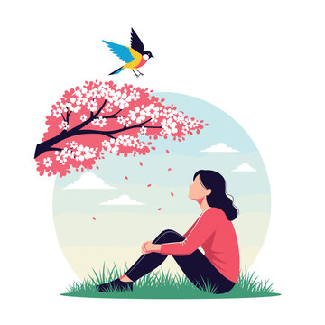 A contemplative woman finds peace sitting on green grass beneath a vibrant cherry blossom tree, as petals fall and a colorful bird flies overhead.