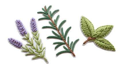 Delicate Embroidery Patches of Lavender Rosemary and Bay Leaf Herb on a Transparent Background