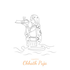 Traditional Indian woman celebrating Chhath Puja festival with offerings in vector illustration