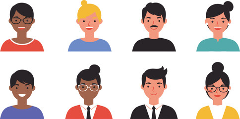 Diverse group of eight cartoon avatars representing people with various skin tones hairstyles and expressions in a flat illustration style