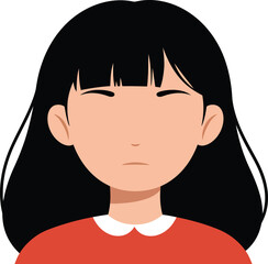 Simple flat illustration of a young woman with long black hair and bangs wearing a red shirt with a white collar