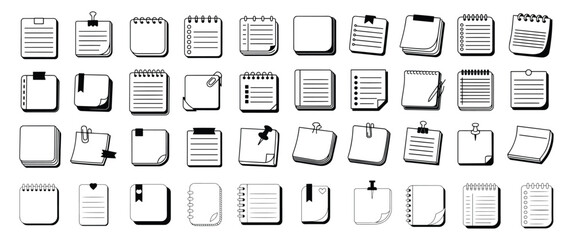 Collection of hand drawn black and white illustrations of various notebooks and notepads, Sketches showcasing different styles and sizes of notebooks and notepads.