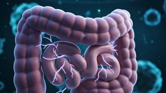 Detailed 3D Animation of Human Colon and Small Intestine on Dark Blue Background Featuring Intricate Anatomy and Blood Vessels Medical Visualization for Healthcare and Educational Purposes