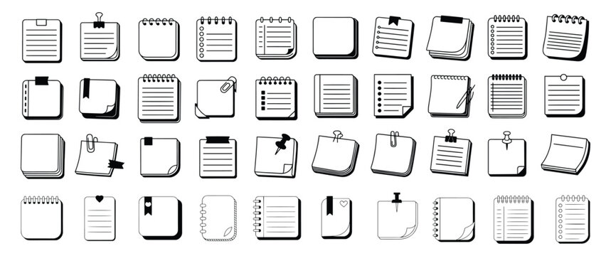 Collection of hand drawn black and white illustrations of various notebooks and notepads, Sketches showcasing different styles and sizes of notebooks and notepads.
