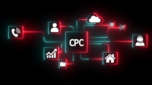 Cost Per Click (CPC) Concept Diagram with Red Neon Icons &ndash; Digital Marketing, Advertising Analytics, and Performance Visualization on Dark Background