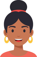 Smiling young woman with dark hair in a bun and large hoop earrings wearing an orange top isolated on white background