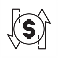 An icon depicting a dollar coin symbol in the center with two large arrows pointing up and down around it, representing currency fluctuations and exchange rate volatility.