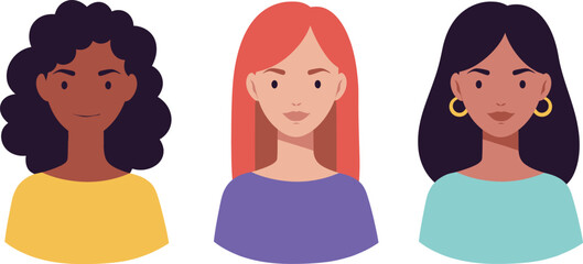 Diverse group of three women with different skin tones and hair colors depicted in a flat illustration style