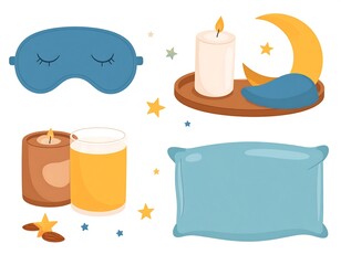 Cartoon sleep essentials, including eye mask, candle, and pillow
