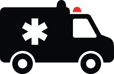 Simple silhouette icon of a black ambulance vehicle with a star of life symbol and flashing light on a white background