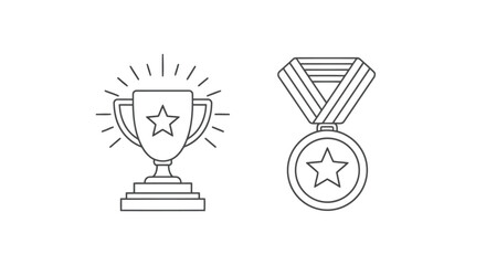 Vector illustration of line art illustration of a trophy and a medal with a star, representing success, achievement, and recognition
