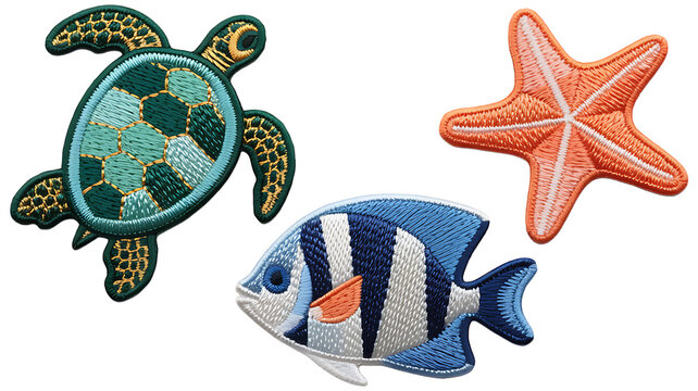 Tropical Sea Creatures Embroidered Patches Featuring Fish Turtle and Starfish on a Transparent Background
