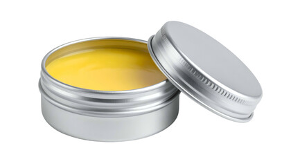 Open silver tin filled with yellow salve; lid to side, against dark backdrop
