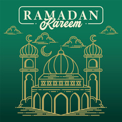 Lettering, Illustration Ramadan Kareem with Golden Mosque Silhouette and Crescent Moon Against A Gradient Green, Vector Calligraphy Design, Usable for Poster, Banners, Postcards, Wallpaper, Gifts etc.