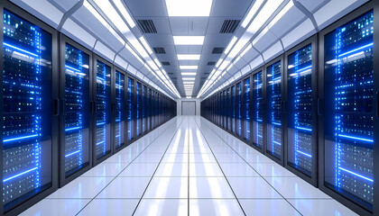A long, symmetrical corridor filled with rows of server racks, illuminated by bright blue lights and white ceiling panels.