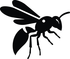 Silhouette of a black wasp in flight with intricate wing details against a stark white background symbolizing nature and insects