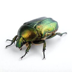 Naklejka premium A close-up, studio shot of a shiny, metallic green insect on a white backdrop