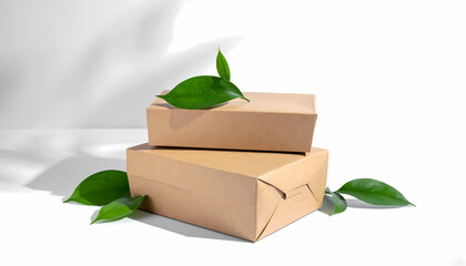 Two stacked, brown cardboard boxes adorned with fresh green leaves, on a white surface.