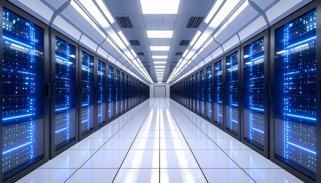 A long, symmetrical corridor filled with rows of server racks, illuminated by bright blue lights and white ceiling panels. - Powered by Adobe