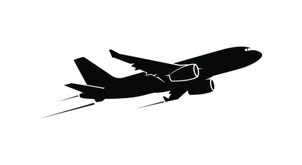 Silhouette of a modern commercial airplane taking off with contrails against a white background