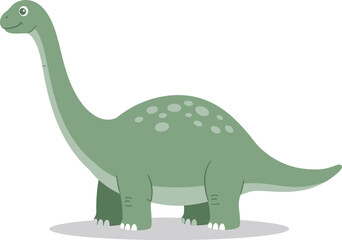 Cute cartoon illustration of a friendly green long neck dinosaur with a spotted back standing on a white background