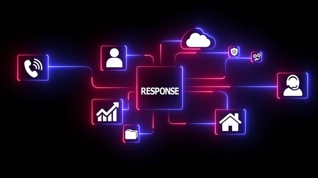 Cyber Incident Response Plan Illustration &mdash; Identify, Protect, Detect, Respond Processes in Neon Colors on Dark Futuristic Background