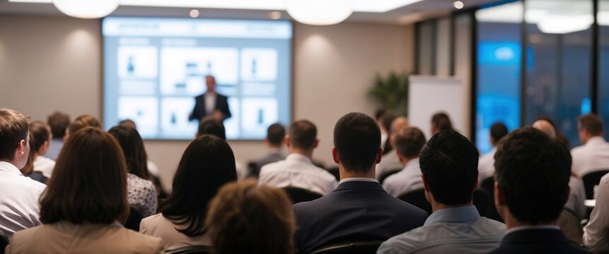 Rear View of Business People Meeting and Working while Business Executive Lead Presenter Speaks to Group of Successful Technology Entrepreneurs. Consultant Advisor. Growth Training Lecture