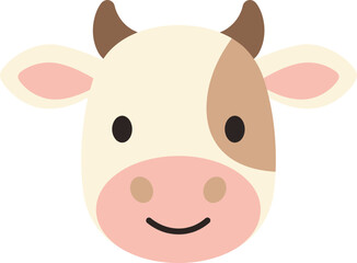 Adorable cartoon cow face with friendly expression and pink muzzle perfect for farm or animal themed designs